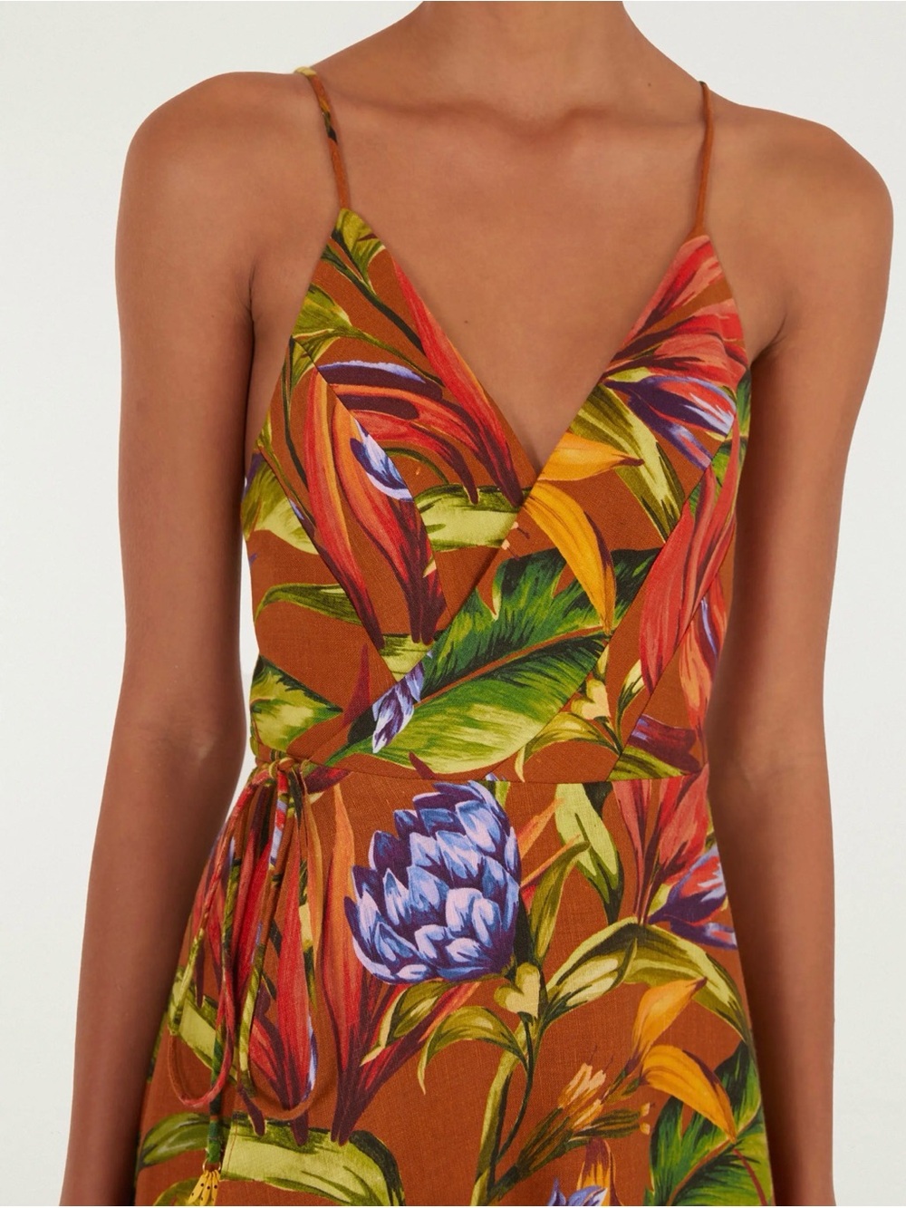 FARM Rio Rust Floral Wrap Midi Dress with Multi Color accents